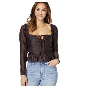 WAYF Brown Sheer Ruched Peplum Blouse Long Sleeve Corset Tie Front Top Espresso